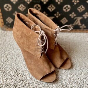 Elizabeth & James 'Lizzy' Brown Suede Peep Toe Booties Boots, ASO Olivia Palermo